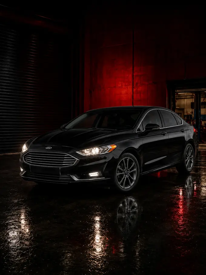 Black sedan staged in a dark service bay.